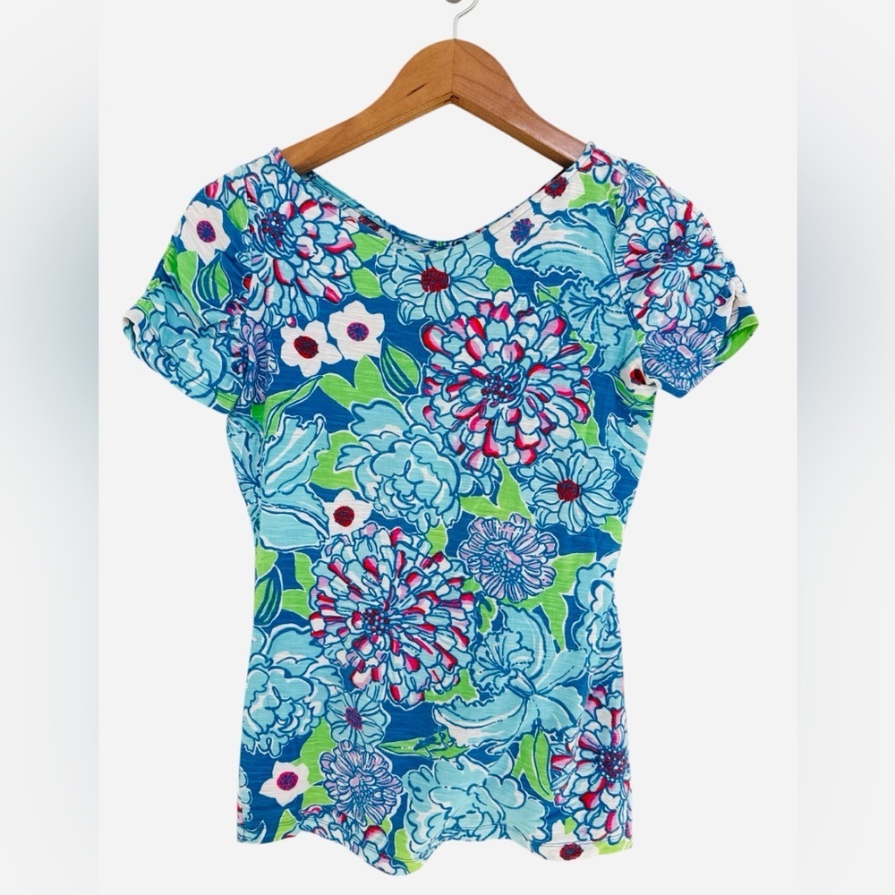 Lilly Pulitzer Floral V-Neck Top Leila May Floral Cotton Blue/Green